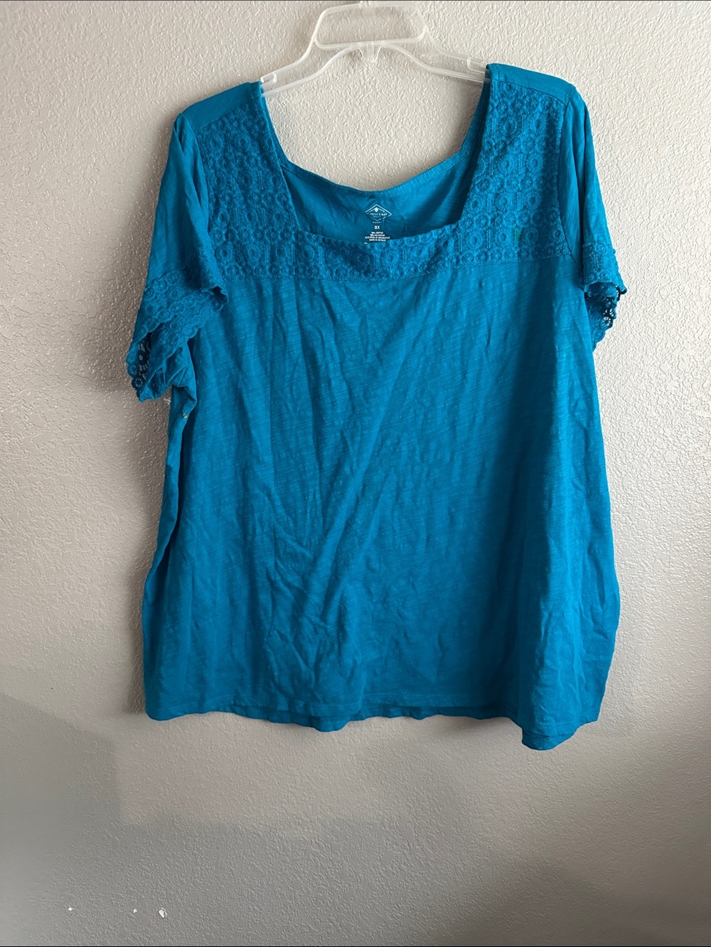 St. John's Bay Teal Crochet Yoke Short Sleeve Top